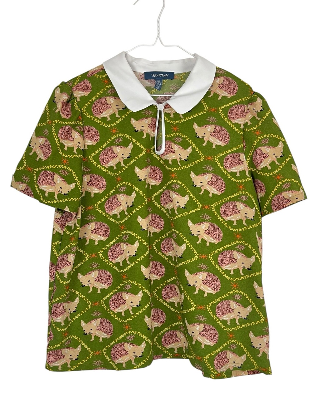 ModCloth Hedgehog Animal Print Green Novelty Peter Pan Collar Polo Top Size XL